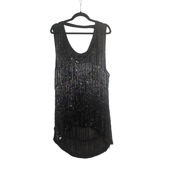 Free People Tops - Free People Black Beaded Sequin High Low Tank Top Iridescent Bugle Beads Large